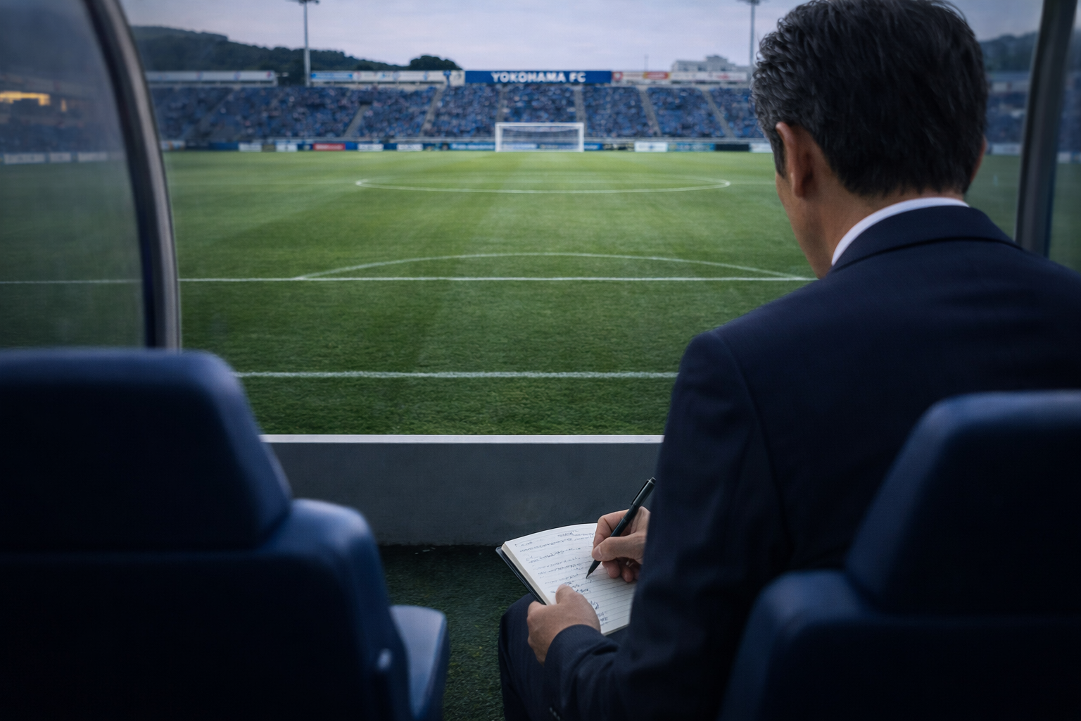 横浜FCのベンチからピッチを見つめ、手帳にメモを取るスーツ姿の監督の後ろ姿