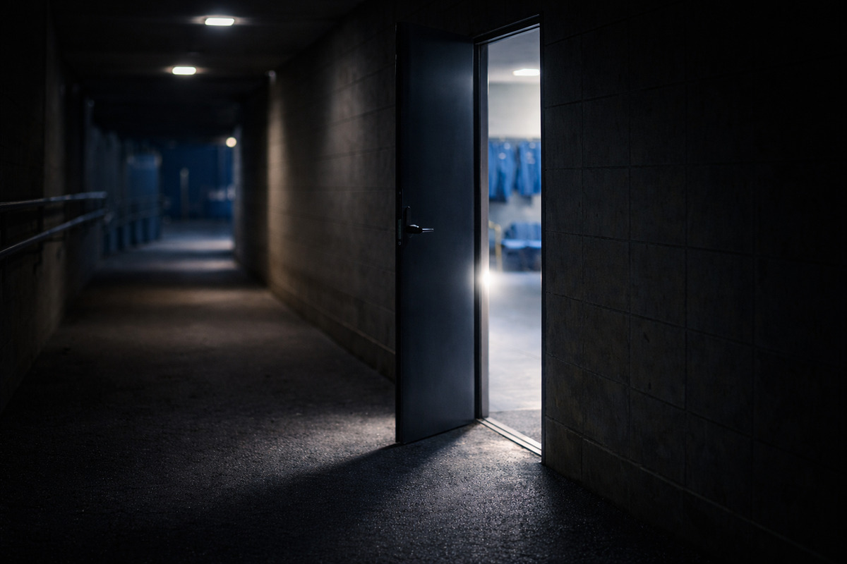 ロッカールームの扉がわずかに開き、光が漏れるスタジアム通路のイメージ