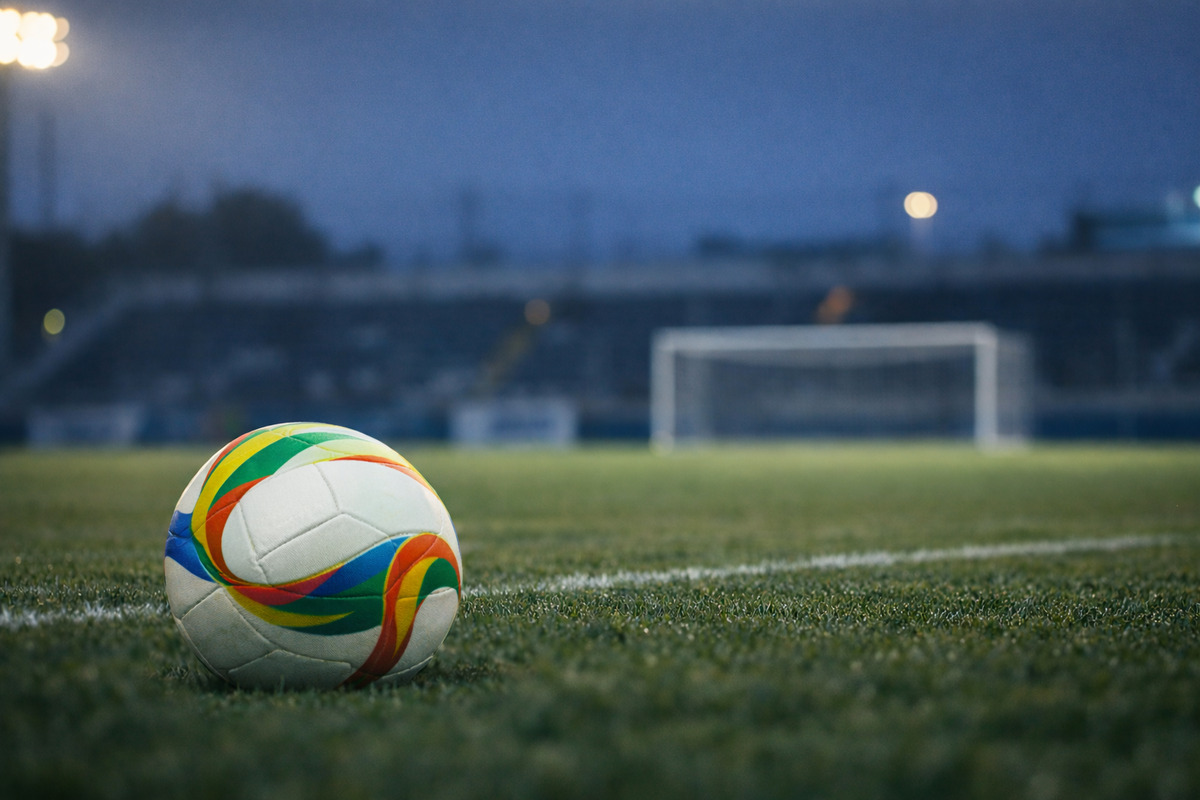 ピッチに置かれたサッカーボールと遠くのゴール　静かなスタジアムの風景