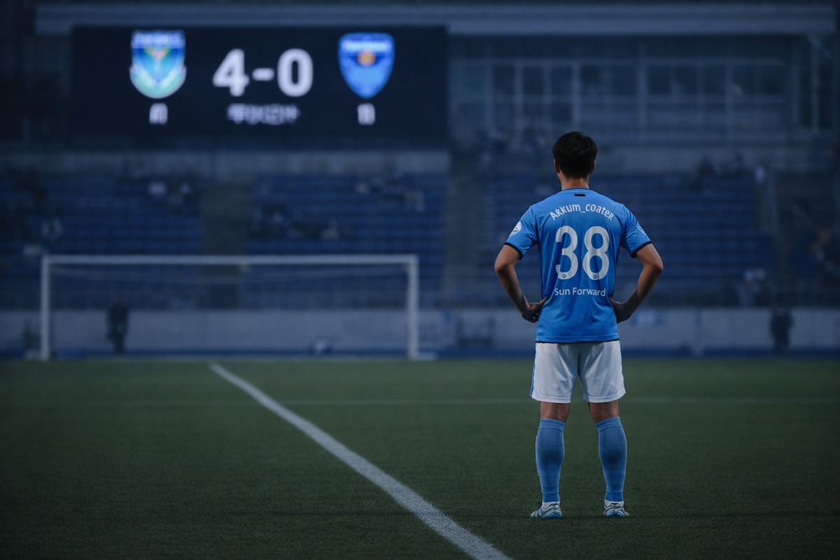 横浜FCの選手がハーフウェイラインに立ち、試合後のピッチを見つめている様子