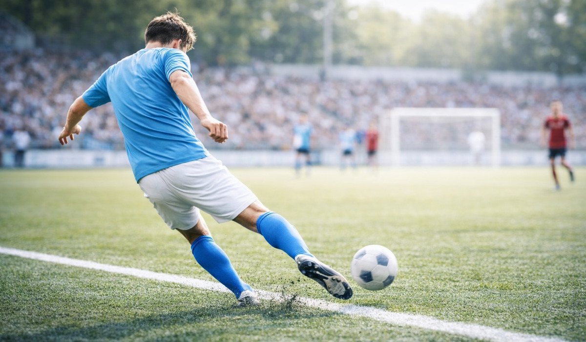 明るいピッチで前方へボールを蹴り出す選手の瞬間