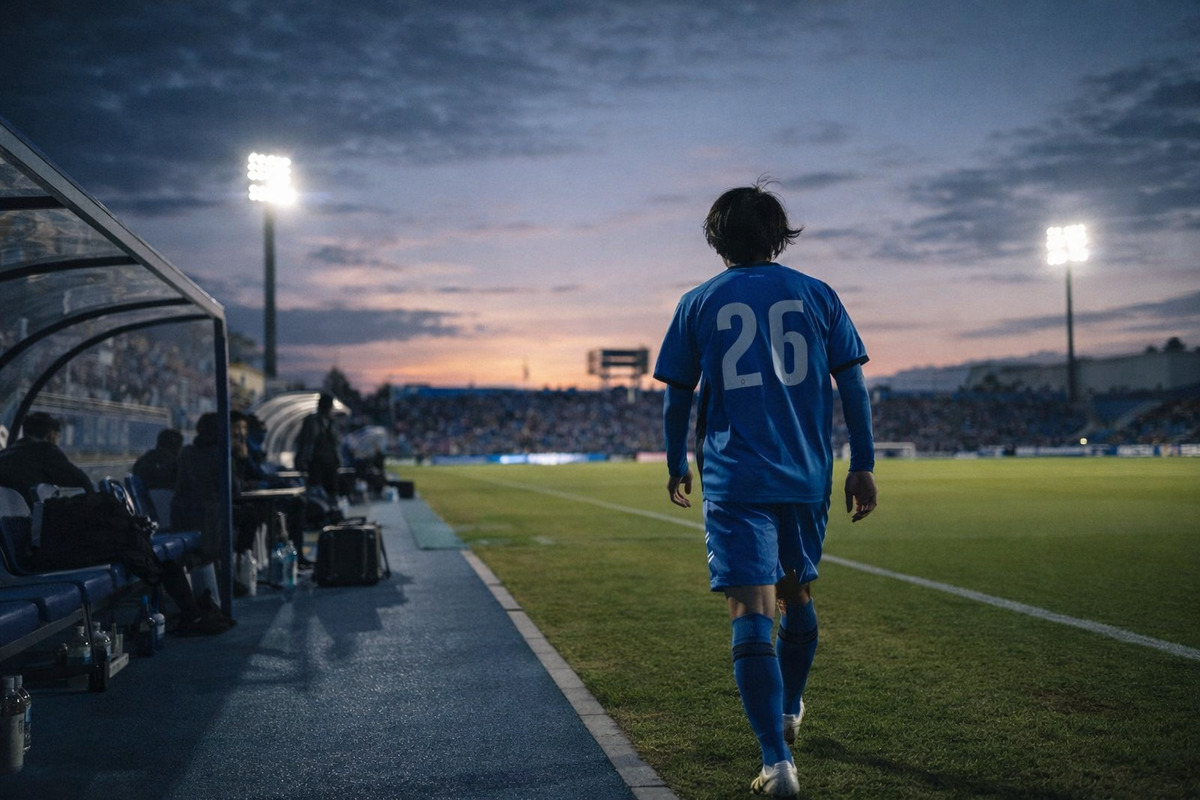 夕暮れのスタジアムでピッチに戻る横浜FCの選手の後ろ姿