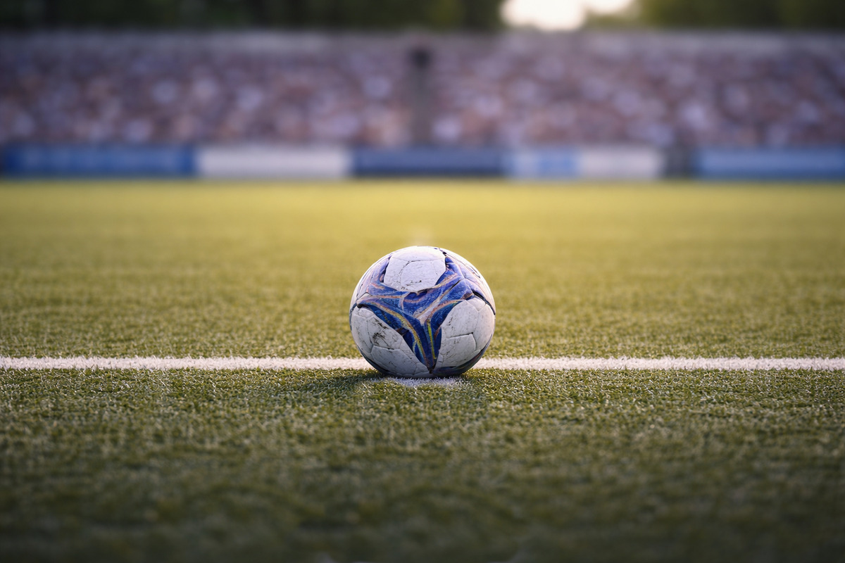 センターライン上に静かに置かれたサッカーボールと、奥に広がる明るいスタンド