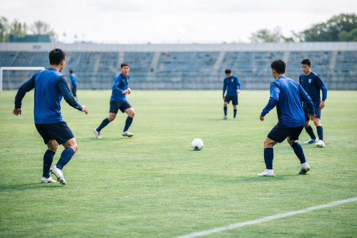 パスを回しながら距離を取り合う選手たち。まだ完全には揃いきっていないピッチの流れ