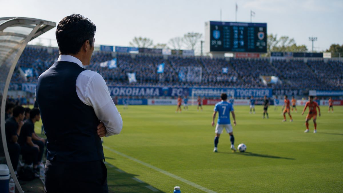 ベスト姿の監督がピッチを見つめる中、ボール保持者が次の選択肢を探しているサッカーの試合風景
