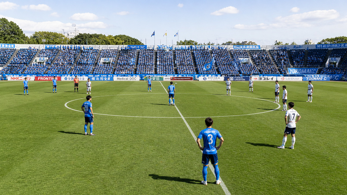 日中のスタジアムでキックオフ前にセンターサークル付近に配置された選手たちが、まだ揃いきらない立ち位置で周囲を確認している様子