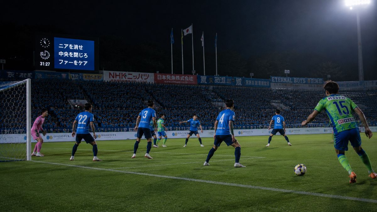 サイドからのクロスに備え、ニア・中央・ファーへ役割を分けながらゴール前を封鎖する横浜FC守備陣の様子