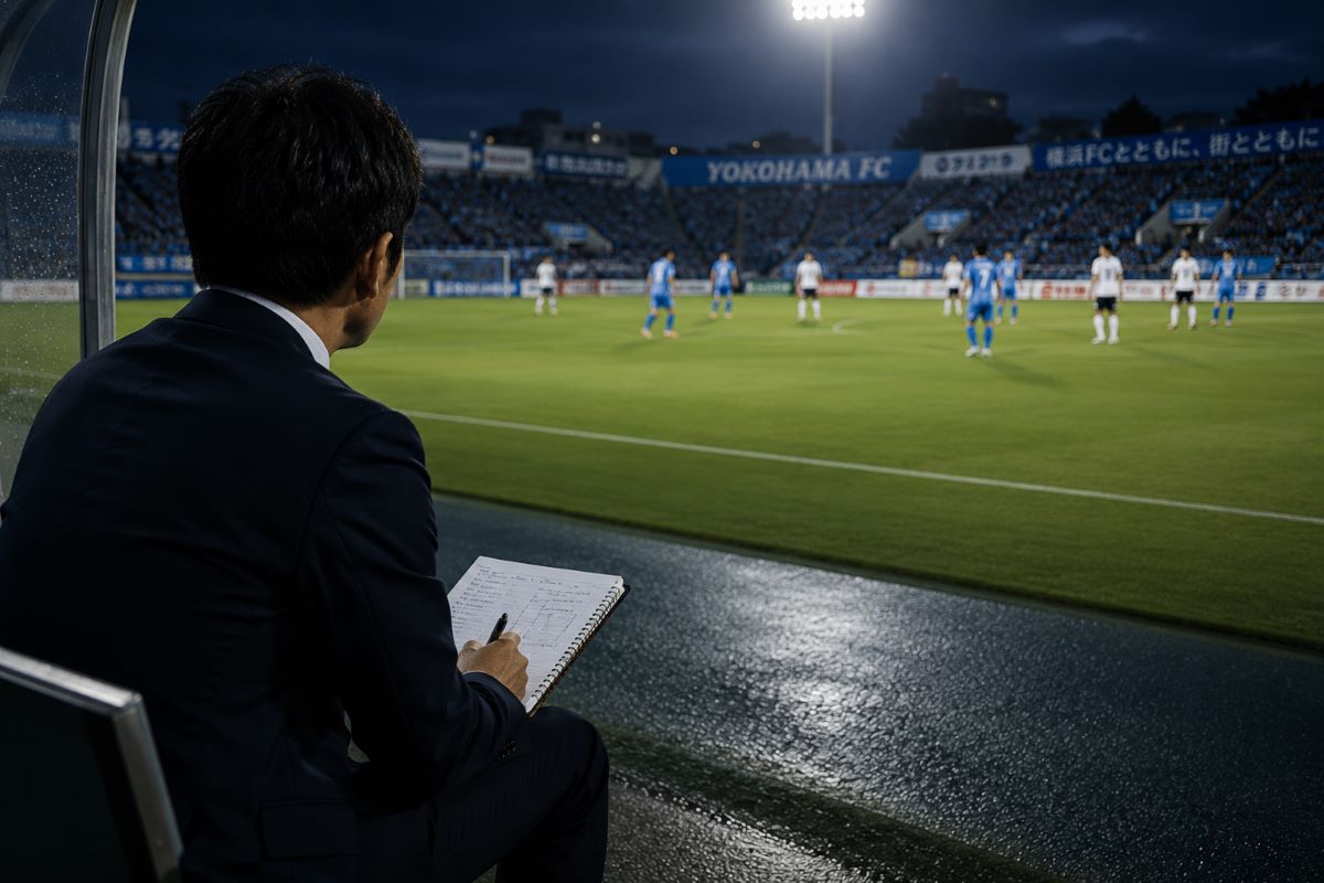 ピッチを見つめながらメモを取るスーツ姿の監督。ボールを保持しながら前進できない試合の空気を見つめる横浜FCのベンチ視点