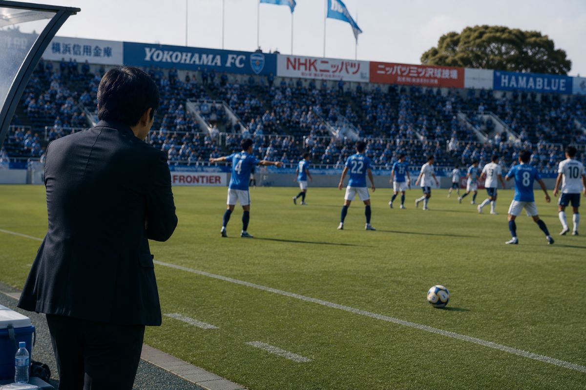ベンチ前から守備ラインを見つめる監督と、ライン調整を行う横浜FCの選手たちを描いたスタジアム風景