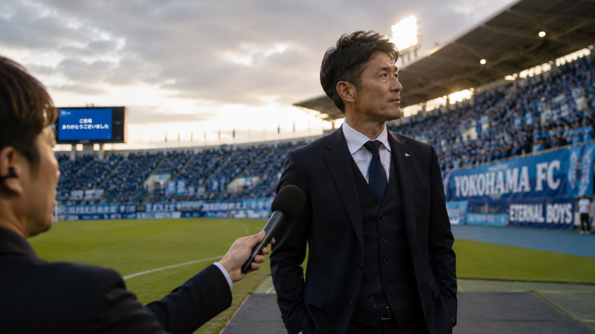 試合後のスタジアムでインタビューを受けながらスタンドを見つめるスーツ姿の監督