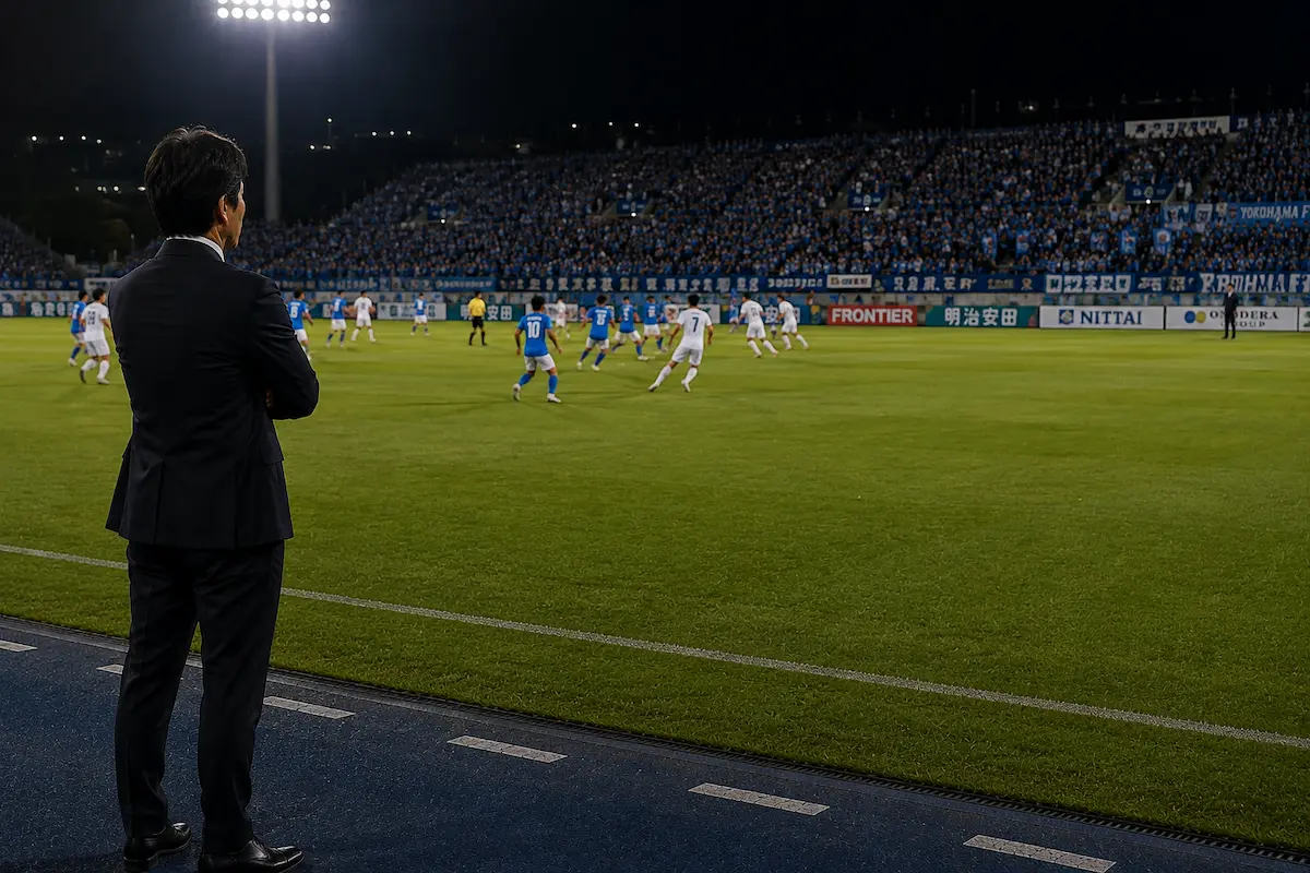 ピッチサイドから鳥栖戦を見つめる横浜FCの監督と、反対側のタッチラインに立つ敵将