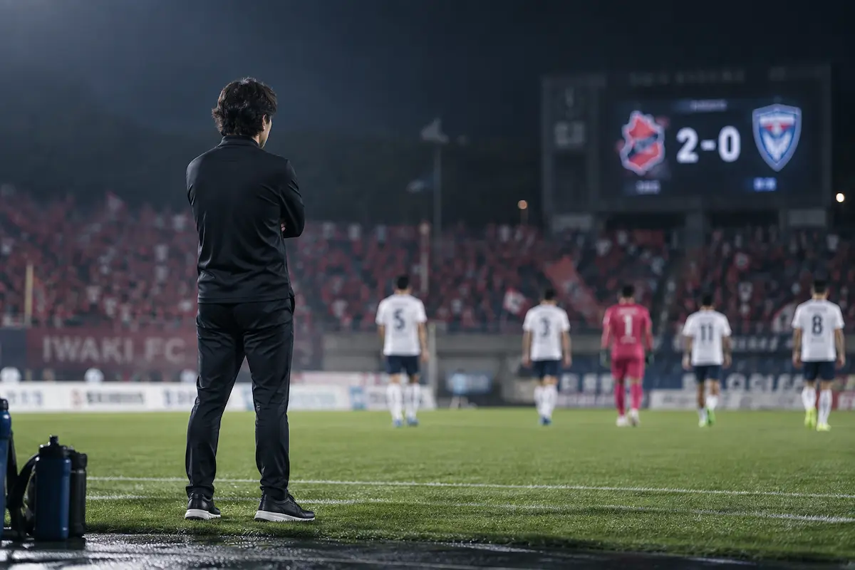 試合後のピッチを見つめる横浜FC監督をイメージしたアイキャッチ画像