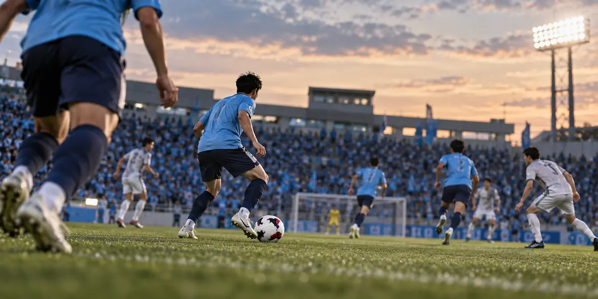 夕暮れのスタジアムで、守備から攻撃へと展開する横浜FCの選手たち。受け継いだ守備文化と新しい攻撃スタイルを表現。